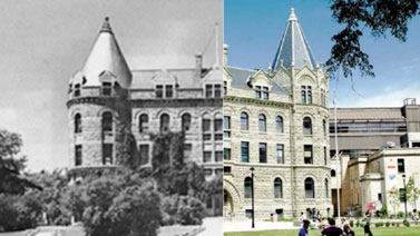 Split image black and white image of Wesley hall on the left, colour on the right