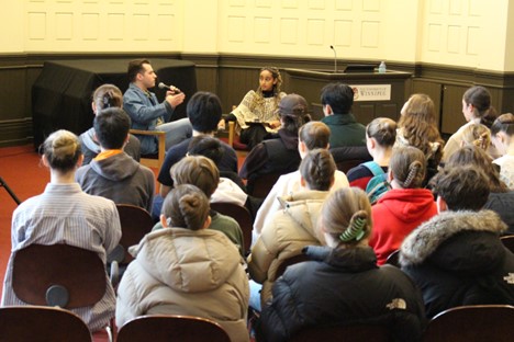 Philippe Larouche being interviewed by Collegiate student Elnathan Amdietson at a Conversations With Alumni event