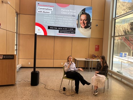 Patricia Nosal being interviewed by Collegiate student Ayla Embury-Hyatt during a Conversations with Alumni event