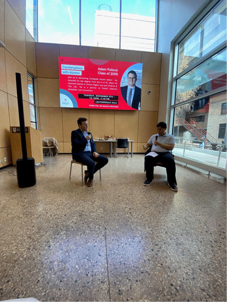 Adam Pollock being interviewed by Collegiate student Victor Chau during a Conversation with Alumni Event