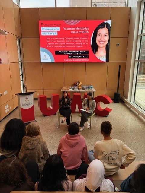 Yasaman Mohaddes being interviewed by a Collegiate student during a Conversation with Alumni Event