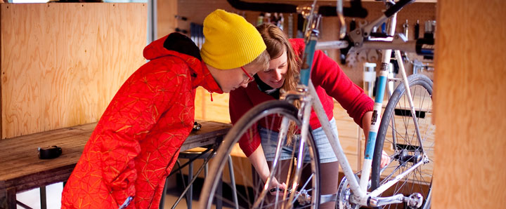 Students working on bikes