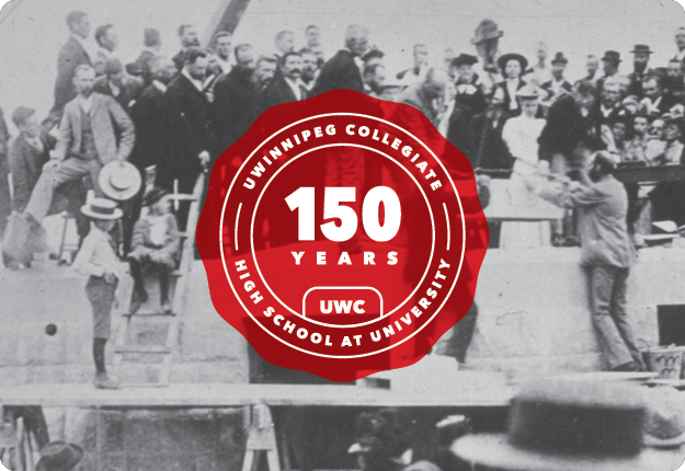 Early image of the Collegiate, placement of the cornerstone on Wesley Hall. 150 Years UWC.